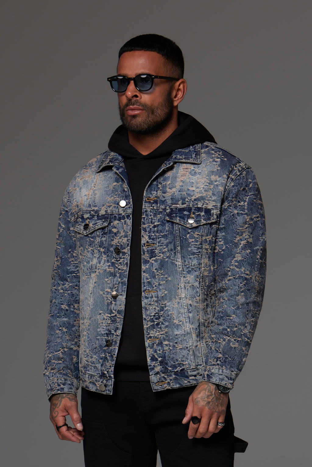 Distressed Jacquard Denim Jacket Dark Blue