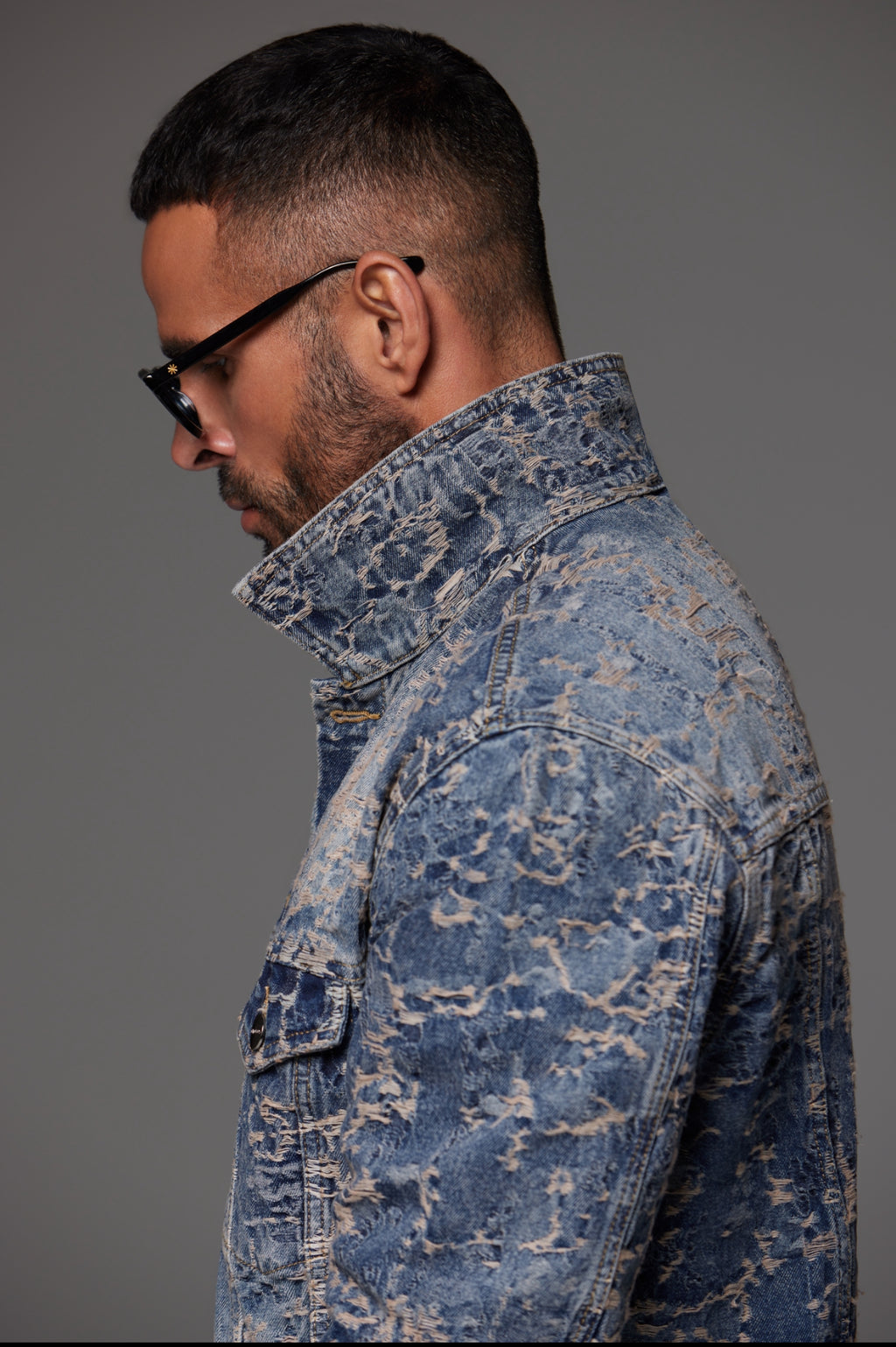 Distressed Jacquard Denim Jacket Dark Blue