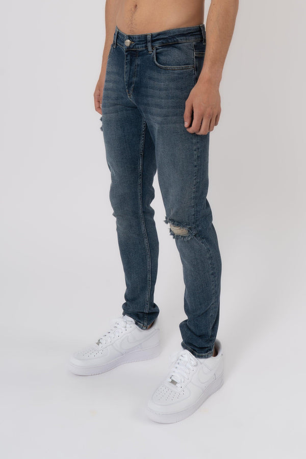 Slim Fit Jeans Washed  Ripped Mid Blue - Emolos