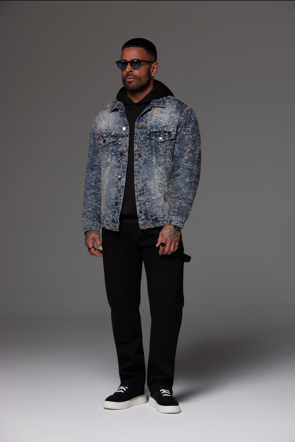 Distressed Jacquard Denim Jacket Dark Blue