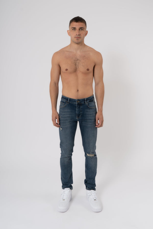 Slim Fit Jeans Washed  Ripped Mid Blue - Emolos