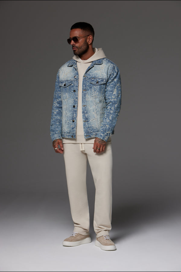 Distressed Jacquard Denim Jacket Light Blue