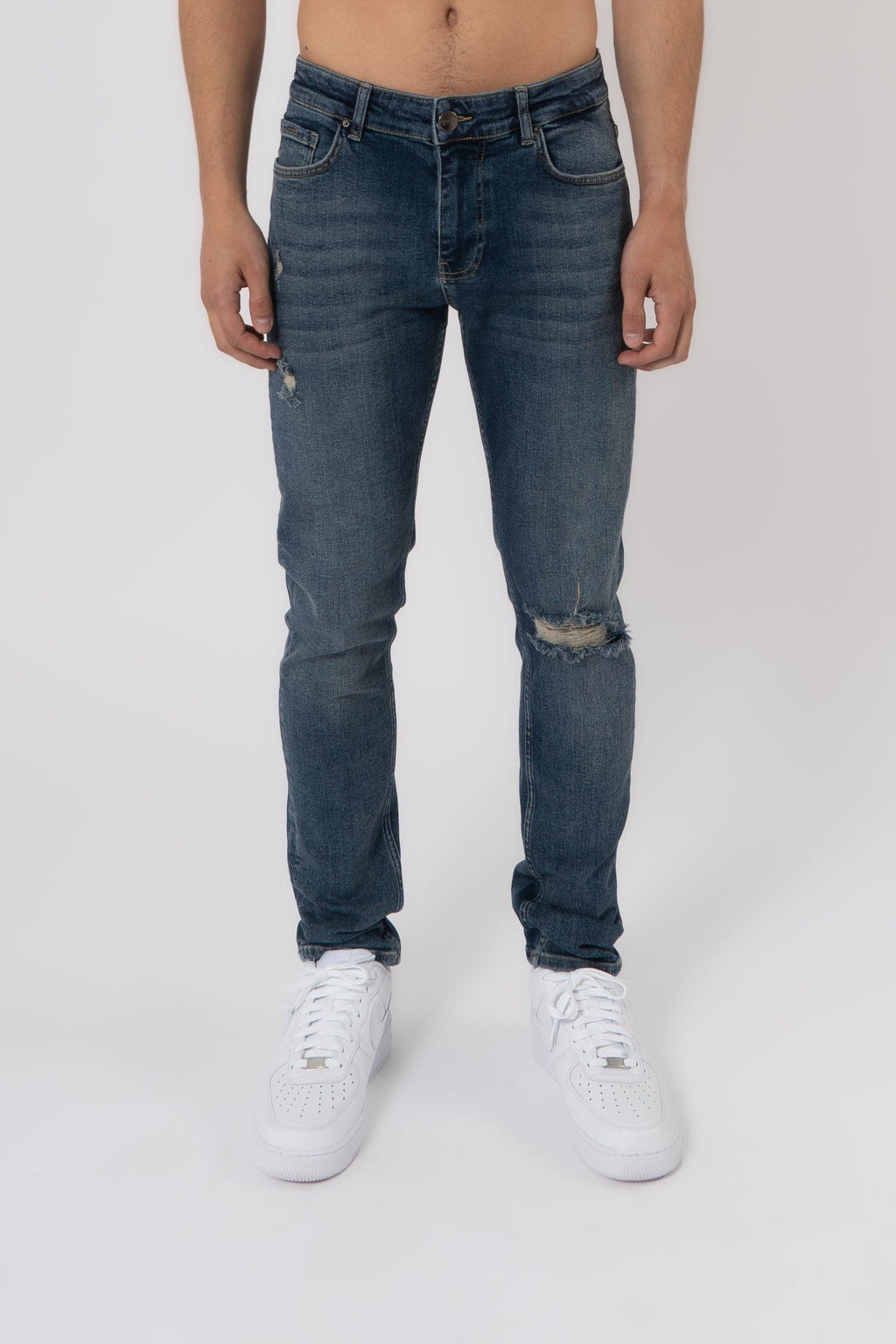 Slim Fit Jeans Washed  Ripped Mid Blue - Emolos