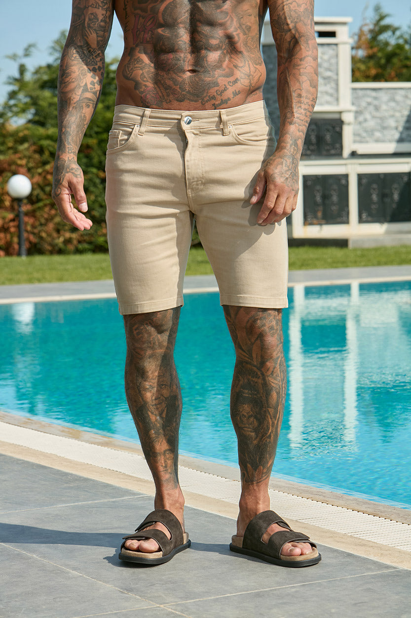 Slim Fit Denim Shorts Beige - Emolos
