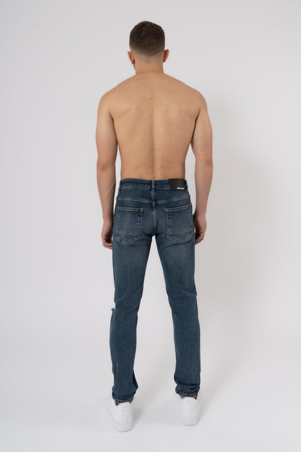 Slim Fit Jeans Washed  Ripped Mid Blue - Emolos