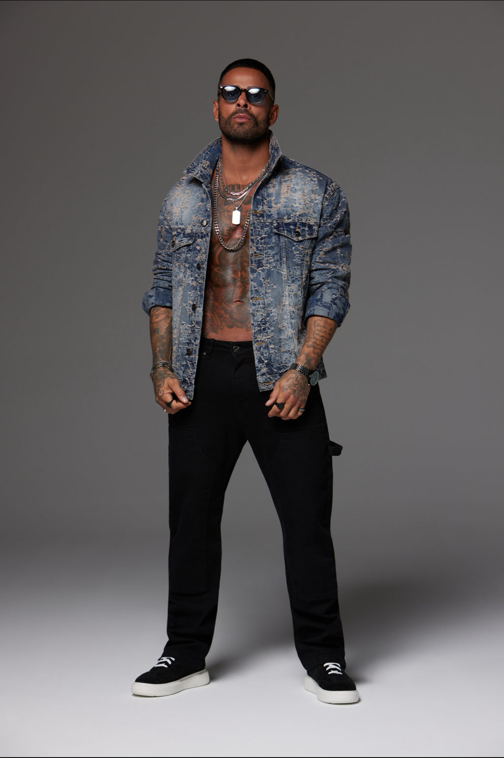 Distressed Jacquard Denim Jacket Dark Blue