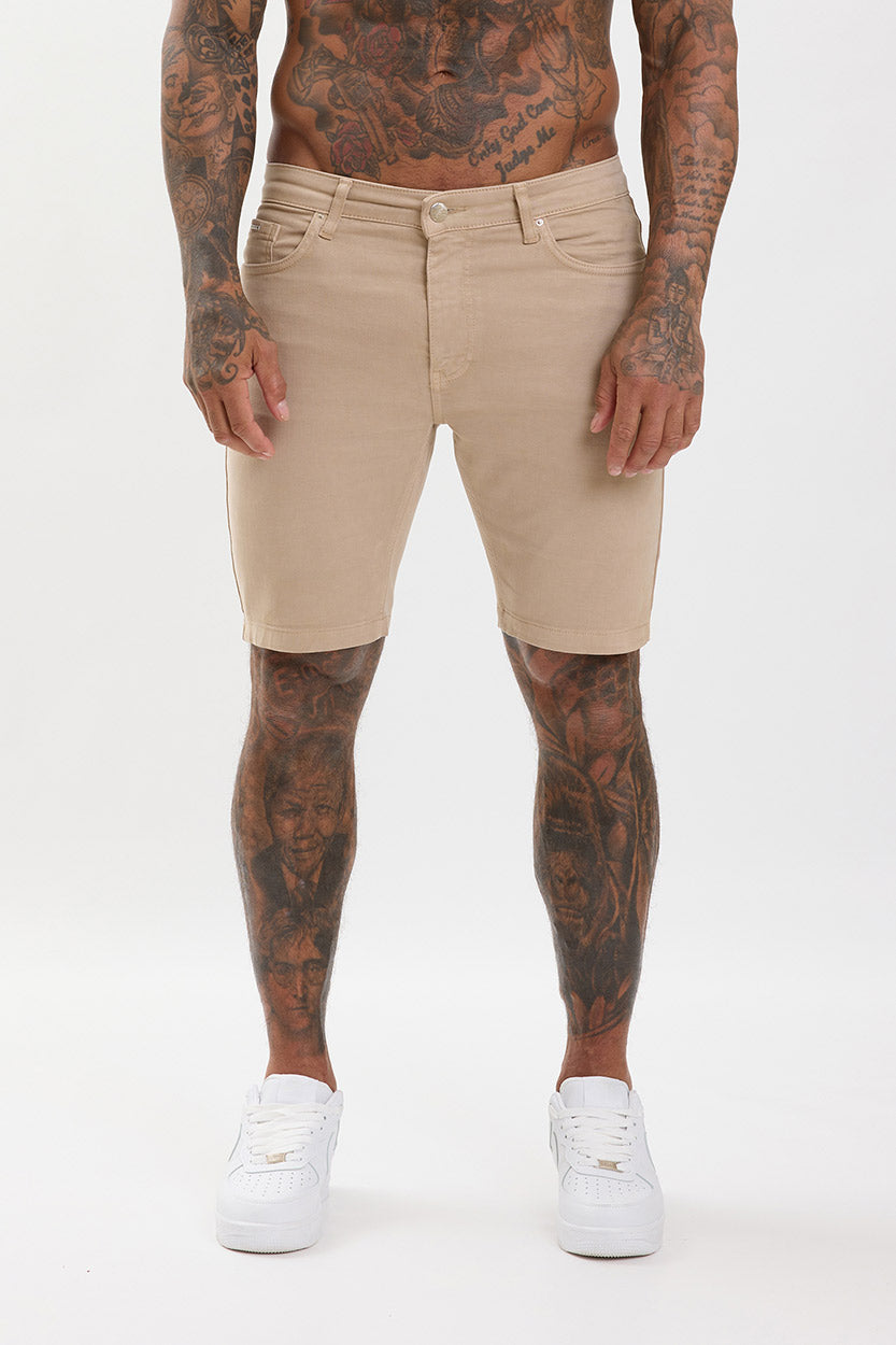 Slim Fit Denim Shorts Beige - Emolos