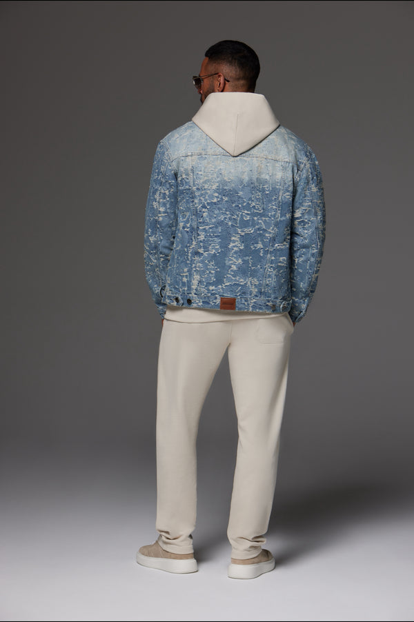 Distressed Jacquard Denim Jacket Light Blue