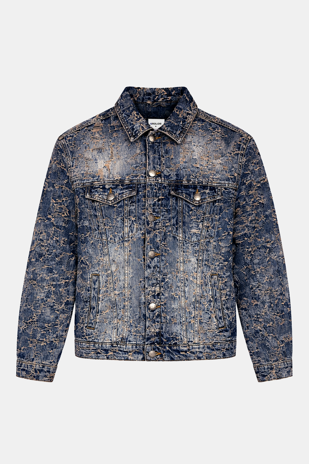 Distressed Jacquard Denim Jacket Dark Blue