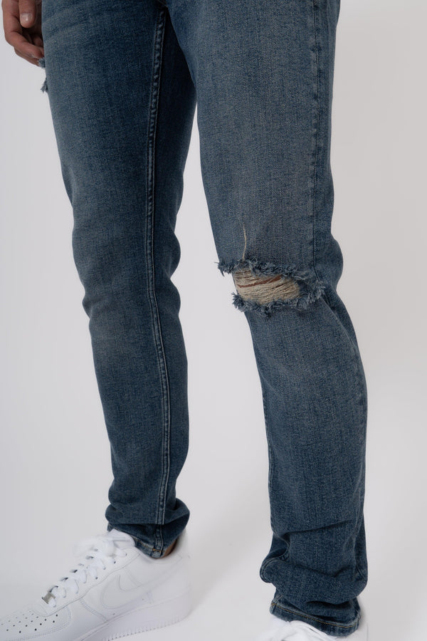 Slim Fit Jeans Washed  Ripped Mid Blue - Emolos
