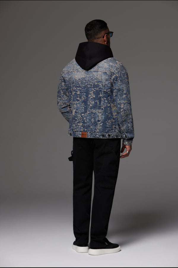 Distressed Jacquard Denim Jacket Dark Blue