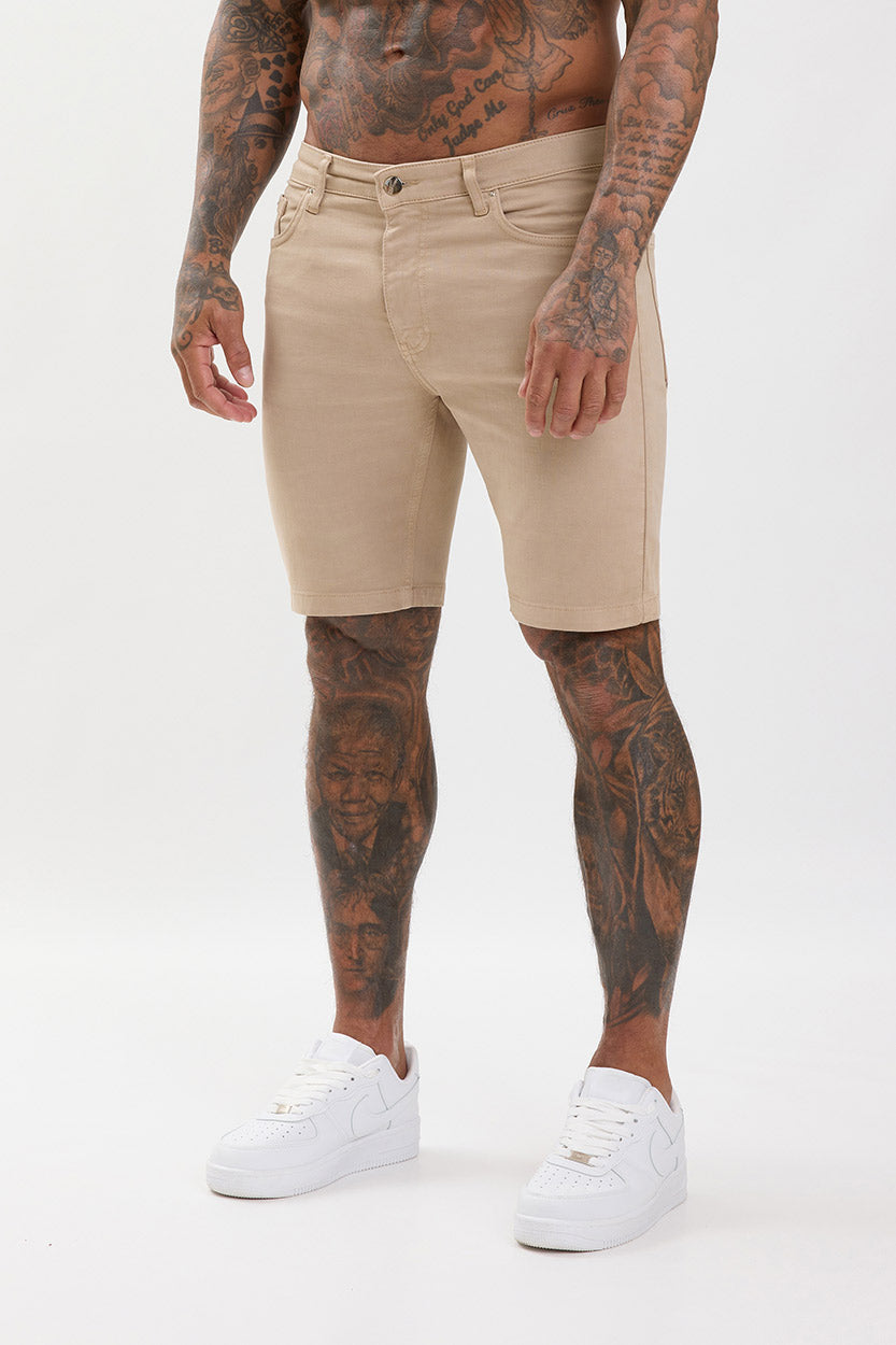 Slim Fit Denim Shorts Beige - Emolos
