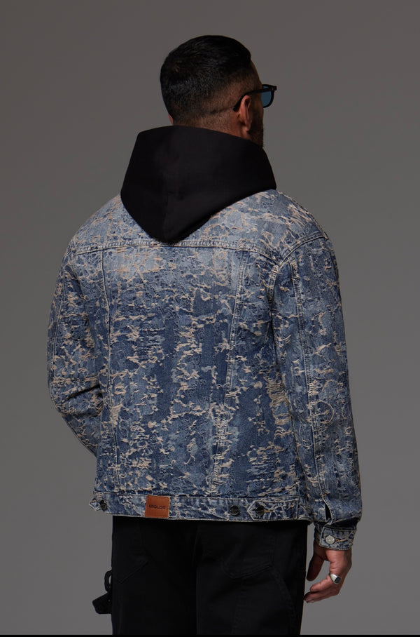 Distressed Jacquard Denim Jacket Dark Blue