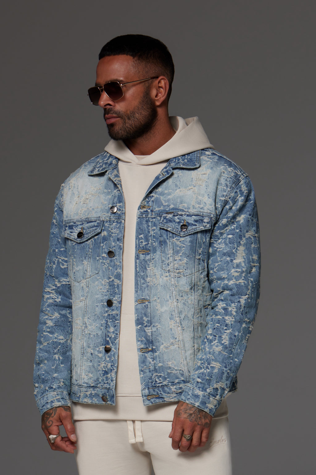 Distressed Jacquard Denim Jacket Light Blue
