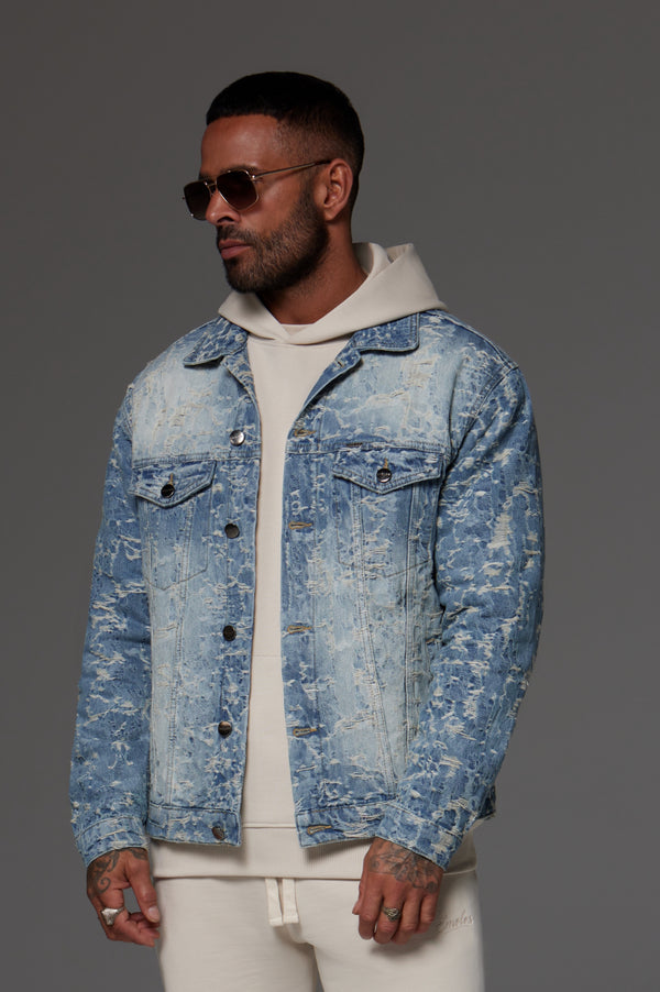 Distressed Jacquard Denim Jacket Light Blue