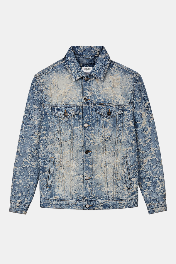 Distressed Jacquard Denim Jacket Light Blue