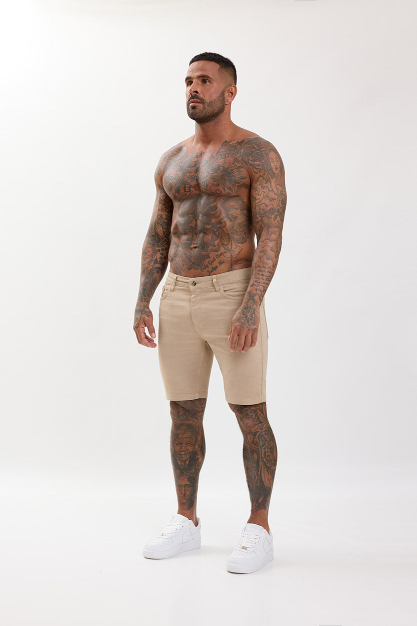 Slim Fit Denim Shorts Beige - Emolos