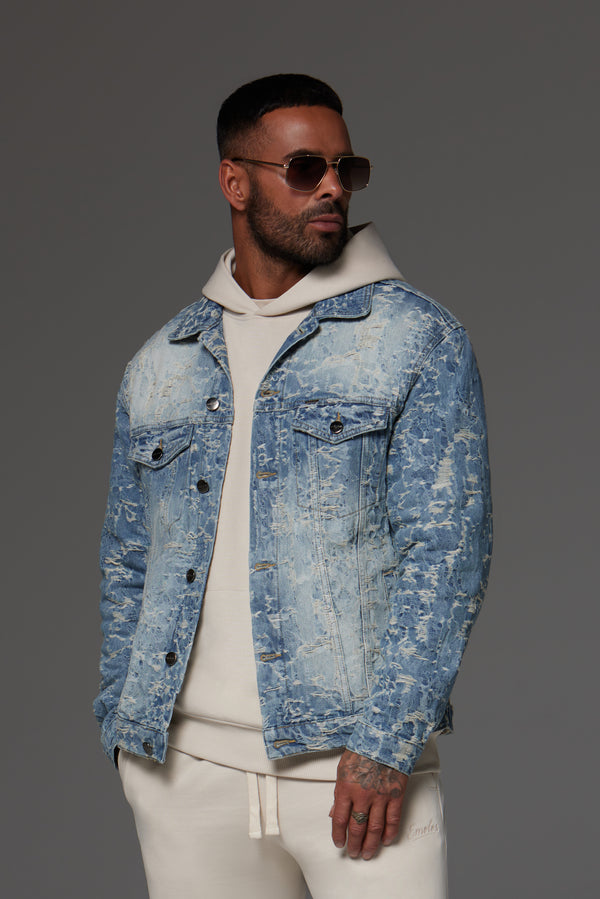 Distressed Jacquard Denim Jacket Light Blue