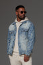 Distressed Jacquard Denim Jacket Light Blue - Emolos