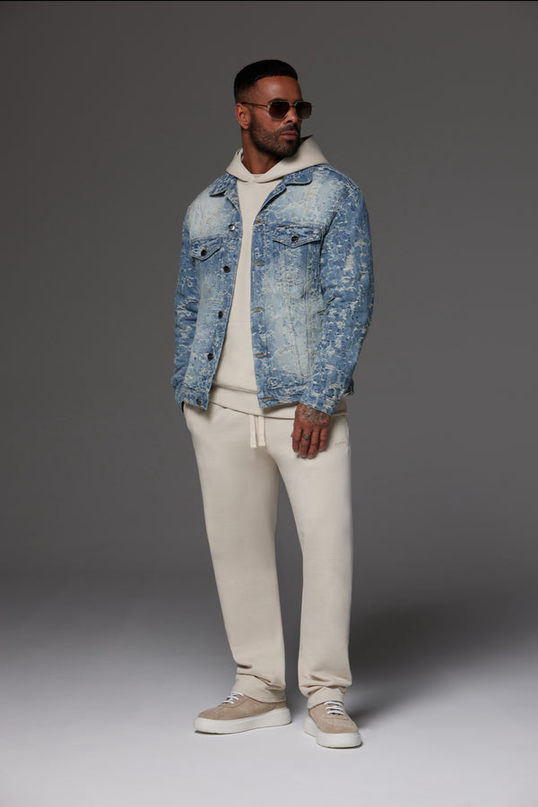Distressed Jacquard Denim Jacket Light Blue