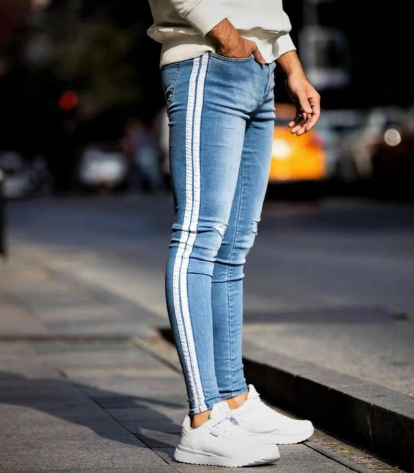 Light Blue Spray on Jeans  White Striped Repaired
