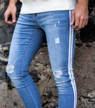 Load image into Gallery viewer, Light Blue Spray on Jeans  White Striped Repaired